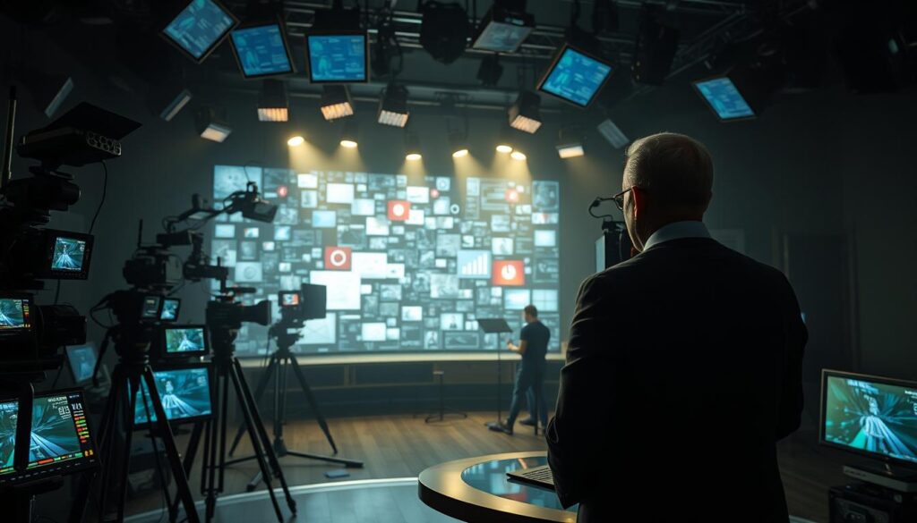A dimly lit broadcasting studio, cameras and production equipment arranged with precision, conveying the technical complexities of modern broadcasting. In the foreground, a news anchor stands resolute, facing the challenges of the digital age - evolving viewer habits, disruptive streaming platforms, and the need to adapt traditional media models. The middle ground is filled with a swirl of digital interfaces, social media feeds, and data visualizations, symbolizing the convergence of old and new. The background fades into a hazy, uncertain future, hinting at the transformative pressures facing the broadcasting industry.