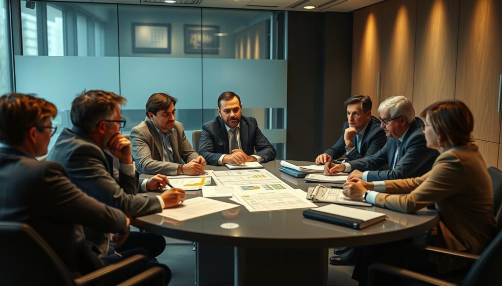 A panel of experts engaged in a focused discussion, debating the intricacies of digital platform regulations. The scene is set in a modern meeting room, with a large table surrounded by thoughtful policymakers and industry representatives. Warm, directional lighting illuminates their earnest expressions as they pore over documents and charts, seeking to strike a delicate balance between innovation and responsible oversight. The atmosphere is one of intellectual rigor, as the participants strive to develop a proportional regulatory framework that will foster a thriving digital ecosystem. Subtle hints of the broader societal impact linger in the background, underscoring the gravity of their deliberations.