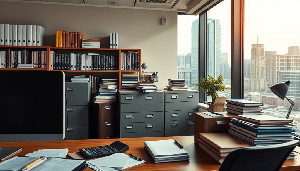 A modern office setting with a variety of business tools and equipment that support the accounting profession. In the foreground, a desk with a computer, calculator, and neatly organized paperwork. In the middle ground, filing cabinets, bookshelves filled with accounting textbooks and reference materials. In the background, a large window overlooking a vibrant cityscape, conveying the dynamic, data-driven nature of the accounting industry. Warm, yet professional lighting casts a gentle glow, creating a productive and collaborative atmosphere. The scene represents the diverse array of resources and technology that strengthen the accounting ecosystem and empower professionals to excel in their careers.