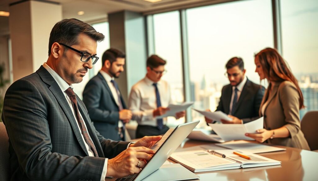 A modern, well-lit office setting with a diverse team of accountants collaborating on financial reports and auditing tasks. In the foreground, a public accountant in a suit reviews financial statements on a laptop, their expression serious yet focused. In the middle ground, colleagues confer over spreadsheets and discuss findings, their body language conveying a sense of professional expertise. The background features floor-to-ceiling windows overlooking a bustling cityscape, symbolic of the wide-ranging career opportunities available to skilled public accountants. Warm lighting and a neutral color palette create a refined, authoritative atmosphere befitting the prestigious field of public accounting.