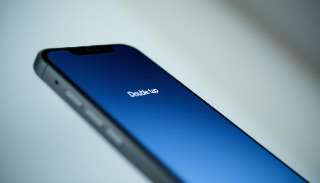 A close-up image of a smartphone screen, displaying the "double-tap to wake" feature in action. The screen shows a minimalist interface, with a dimly lit display and a subtle gradient background. The phone's bezel is visible, highlighting the sleek and modern design. The lighting is soft and diffused, creating a clean and professional atmosphere. The perspective is slightly angled, capturing the screen at a slight diagonal, adding depth and dimension to the image. The focus is sharp on the screen, ensuring the "double-tap to wake" gesture is clearly visible and the center of attention.