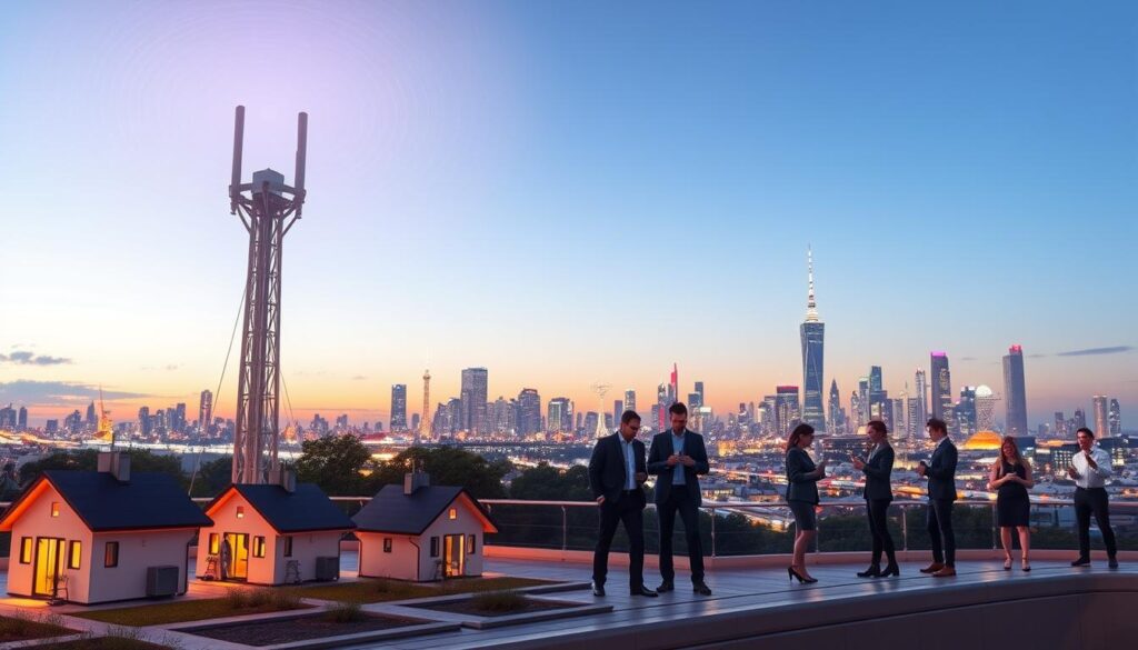 A futuristic cityscape illustrating fixed wireless access (FWA) technology for 5G connectivity, featuring a prominent 5G tower in the foreground emitting signals. The tower is sleek and modern, surrounded by small, well-designed homes and IoT devices, emphasizing fast and stable connectivity. In the middle ground, a diverse group of people in professional attire interact with their smart devices, showcasing seamless technology integration. The background reveals a vibrant skyline at dusk, with glowing city lights and a clear sky, suggesting a bustling urban environment. The atmosphere is dynamic and innovative, conveying the transformative power of 5G. Utilize soft yet vivid lighting to enhance the scene, captured from a slightly elevated angle for depth and perspective. A futuristic cityscape illustrating fixed wireless access (FWA) technology for 5G connectivity, featuring a prominent 5G tower in the foreground emitting signals. The tower is sleek and modern, surrounded by small, well-designed homes and IoT devices, emphasizing fast and stable connectivity. In the middle ground, a diverse group of people in professional attire interact with their smart devices, showcasing seamless technology integration. The background reveals a vibrant skyline at dusk, with glowing city lights and a clear sky, suggesting a bustling urban environment. The atmosphere is dynamic and innovative, conveying the transformative power of 5G. Utilize soft yet vivid lighting to enhance the scene, captured from a slightly elevated angle for depth and perspective.