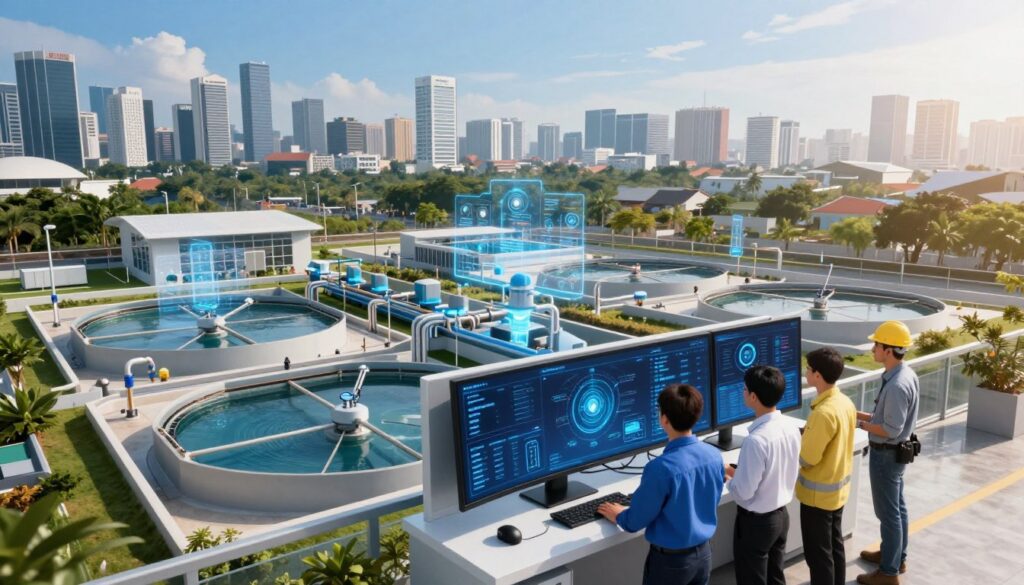 A futuristic cityscape of Surabaya showcasing digital transformation in clean water services. In the foreground, a professional team of engineers and technicians in smart casual attire examines a sleek water management dashboard with digital displays. The middle ground features modern water treatment facilities integrated with IoT technology, highlighted by glowing data visualizations. In the background, the city skyline is visible with smart infrastructure and green spaces, under a bright blue sky. Soft sunlight bathes the scene, creating a hopeful and innovative atmosphere. The angle is slightly elevated, capturing the dynamism of urban life and the importance of advanced technologies in managing water resources.