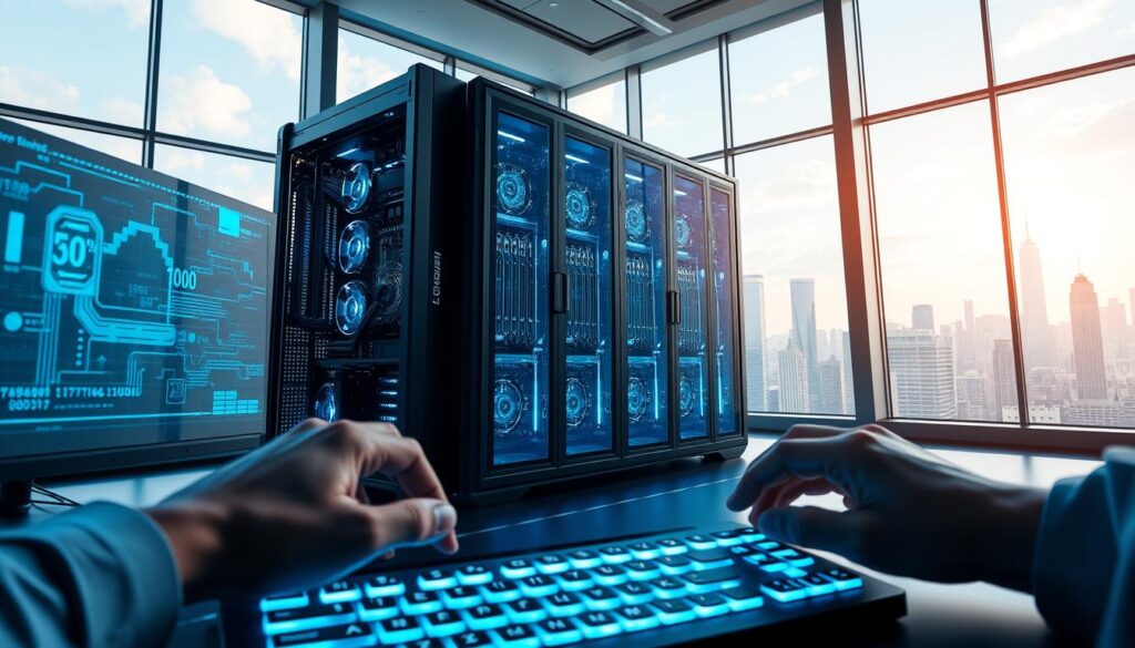 A futuristic computer workstation showcasing a powerful supercomputer in a sleek, modern office environment. In the foreground, show a pair of hands typing on a high-tech keyboard, surrounded by glowing holographic displays showing data visualizations. In the middle, the supercomputer itself, a huge, intricate structure with illuminated circuits and cooling vents, emanating a blue hue. In the background, large windows reveal a bustling city skyline under a clear sky, symbolizing the unseen impact of technology in everyday life. The lighting is bright and inviting, enhancing the atmosphere of innovation and productivity. Capture the scene from a slightly elevated angle to emphasize the interplay between humans and technology, conveying a feeling of awe and inspiration.
