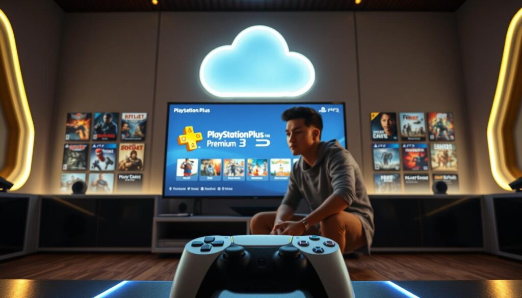 A futuristic gaming room with a sleek, modern design featuring a large flat-screen TV displaying the PlayStation Plus Premium Cloud Gaming interface. In the foreground, a stylish gaming setup includes a PS5 console and DualSense controller, illuminated by soft LED lights. The middle of the scene showcases a gamer, casually dressed, intently focused on the screen, with engaging gameplay visibly reflecting on their face. In the background, various PS3 game covers artfully arranged, hinting at nostalgia, alongside a cloud graphic symbolizing cloud gaming technology. The lighting is warm and inviting, creating an atmosphere of excitement and innovation, captured with a wide-angle lens from a slightly elevated angle to enhance depth. A futuristic gaming room with a sleek, modern design featuring a large flat-screen TV displaying the PlayStation Plus Premium Cloud Gaming interface. In the foreground, a stylish gaming setup includes a PS5 console and DualSense controller, illuminated by soft LED lights. The middle of the scene showcases a gamer, casually dressed, intently focused on the screen, with engaging gameplay visibly reflecting on their face. In the background, various PS3 game covers artfully arranged, hinting at nostalgia, alongside a cloud graphic symbolizing cloud gaming technology. The lighting is warm and inviting, creating an atmosphere of excitement and innovation, captured with a wide-angle lens from a slightly elevated angle to enhance depth.
