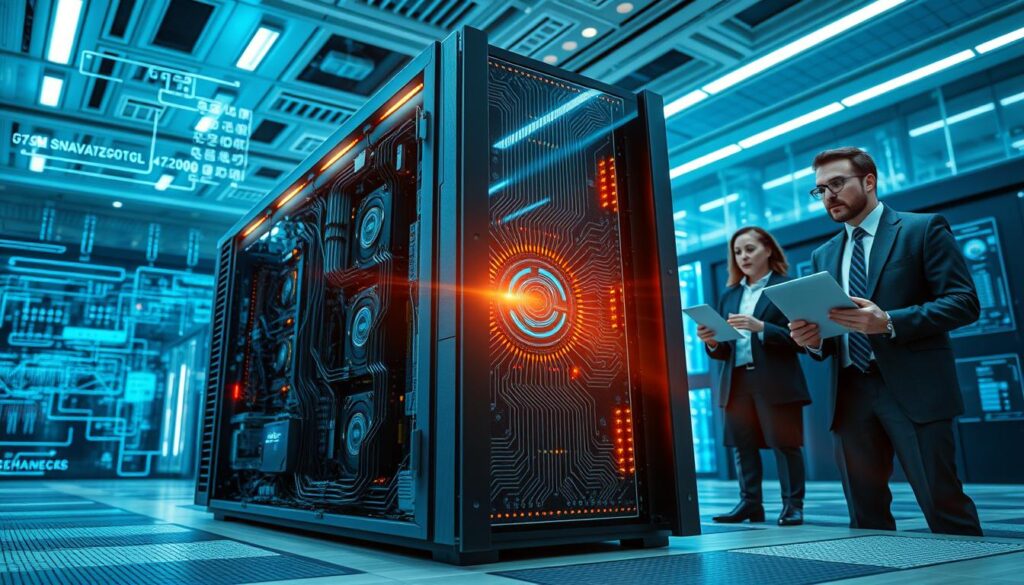 A futuristic supercomputer with intricate circuits and glowing lights at its core, symbolizing incredible speed and processing power, occupies the foreground. Surrounding the supercomputer, a digital network of data streams and holographic displays illustrate the flow of information. In the middle ground, scientists in professional business attire analyze real-time data on sleek monitors, their expressions focused and astonished. The background features a high-tech research facility, illuminated by cool blue and silver lighting, enhancing the atmosphere of innovation and advanced technology. The composition should convey a sense of awe and excitement, as if capturing a pivotal moment of breakthrough in computational speed. Use a dynamic angle to emphasize the supercomputer's grandeur, with a slight lens flare to suggest high energy and activity.