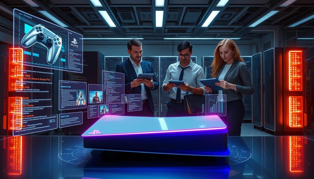 A high-tech lab setting showcasing the concept of "Technology Emulation" with a futuristic touch. In the foreground, a sleek, glowing gaming console resembling the PS5 sits on a modern work desk, surrounded by holographic displays of PS3 games and code snippets being emulated. The middle ground features a diverse group of three professionals, two men and one woman, dressed in professional business attire, engaged in an animated discussion while analyzing graphs and performance metrics on their tablets. The background should feature advanced computer equipment and ambient LED lighting, creating a cutting-edge atmosphere. The overall mood is inspiring and innovative, highlighting the breakthrough of PS5 running PS3 games natively. A dramatic angle with a slight tilt emphasizes the excitement of technological advancement. A high-tech lab setting showcasing the concept of "Technology Emulation" with a futuristic touch. In the foreground, a sleek, glowing gaming console resembling the PS5 sits on a modern work desk, surrounded by holographic displays of PS3 games and code snippets being emulated. The middle ground features a diverse group of three professionals, two men and one woman, dressed in professional business attire, engaged in an animated discussion while analyzing graphs and performance metrics on their tablets. The background should feature advanced computer equipment and ambient LED lighting, creating a cutting-edge atmosphere. The overall mood is inspiring and innovative, highlighting the breakthrough of PS5 running PS3 games natively. A dramatic angle with a slight tilt emphasizes the excitement of technological advancement.