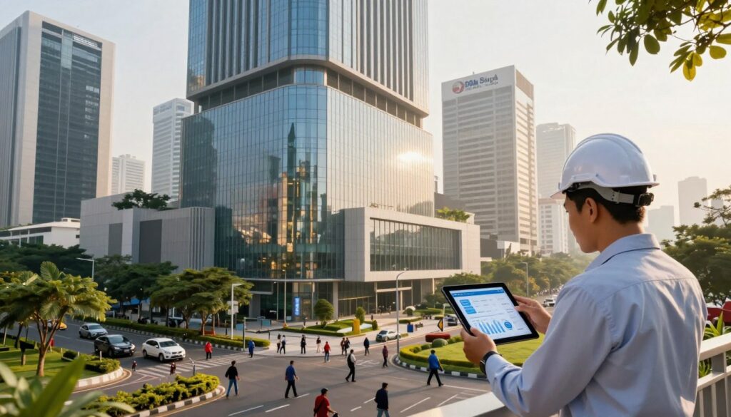 A panoramic view of PDAM Surya Sembada building in Surabaya, Indonesia, showcasing its modern architecture with sleek lines and glass facades reflecting the urban landscape. In the foreground, a professional-looking engineer examines a digital tablet, analyzing water quality data, symbolizing the integration of IoT in smart city infrastructure. The middle ground features a bustling street with people walking, highlighting daily life in a vibrant city. The background displays towering skyscrapers and green spaces, representing a balance between urban development and nature. The scene is bathed in warm, golden hour lighting, casting soft shadows and creating a hopeful atmosphere. Capture the essence of innovation and community focus in the smart city narrative.