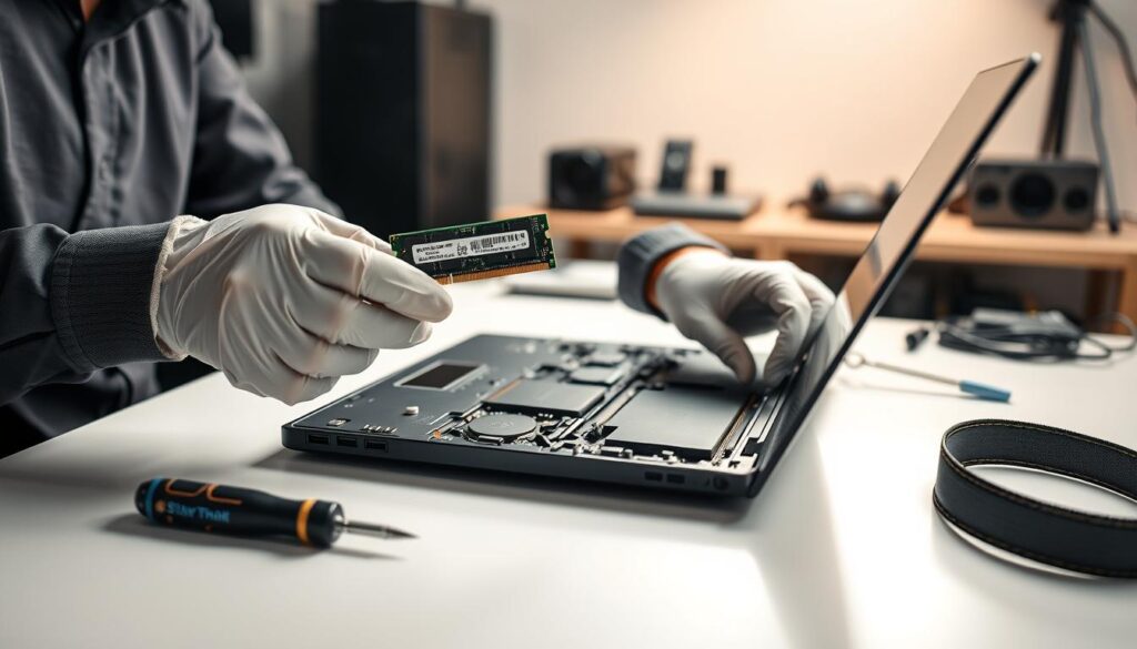 A professional technician is seated at a clean workstation, carefully opening a laptop to upgrade its RAM. The foreground features the technician’s hands, wearing protective gloves, delicately holding a new RAM module. In the middle, the laptop is open, revealing the internal components, with a clear view of the RAM slots. Tools like a screwdriver and static wrist strap are neatly arranged nearby. The background shows a softly lit room with a blurred workbench and organized tech gadgets, creating a focused atmosphere. The lighting is bright but soft, emphasizing the intricate details of the laptop's interior. The overall mood conveys precision and professionalism, highlighting the importance of careful upgrades. A professional technician is seated at a clean workstation, carefully opening a laptop to upgrade its RAM. The foreground features the technician’s hands, wearing protective gloves, delicately holding a new RAM module. In the middle, the laptop is open, revealing the internal components, with a clear view of the RAM slots. Tools like a screwdriver and static wrist strap are neatly arranged nearby. The background shows a softly lit room with a blurred workbench and organized tech gadgets, creating a focused atmosphere. The lighting is bright but soft, emphasizing the intricate details of the laptop's interior. The overall mood conveys precision and professionalism, highlighting the importance of careful upgrades.