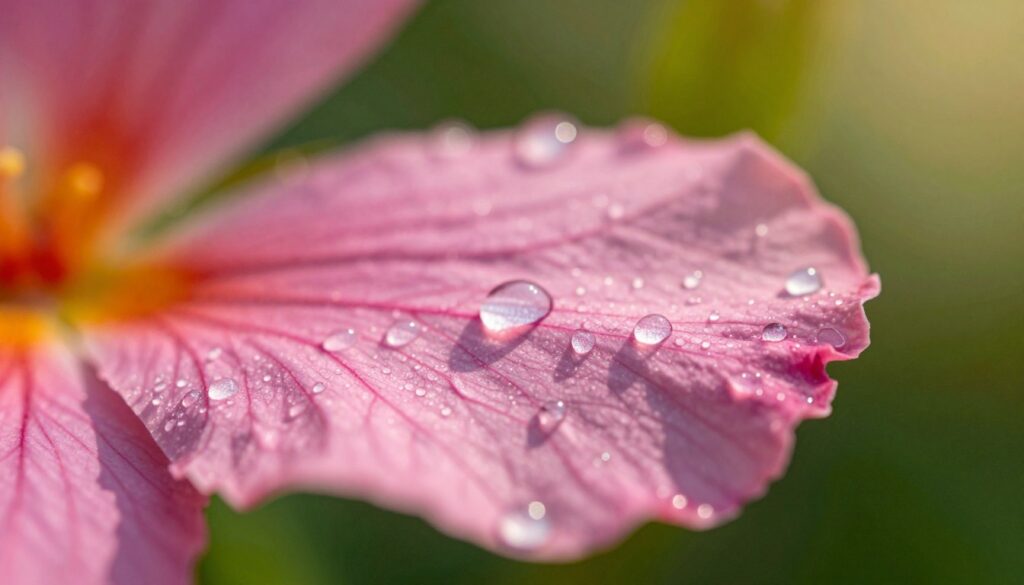 A captivating macro photography composition showcasing a vibrant close-up of a dew-kissed flower petal, emphasizing intricate details like delicate veins and drops of water reflecting light. In the foreground, the petal appears sharp and focused, while a softly blurred background features gentle green foliage, enhancing the sense of depth. Natural sunlight filters through, creating a warm, inviting glow that highlights the colors and textures, evoking a serene atmosphere. The image is taken with a smartphone lens at a low angle, capturing the beauty of nature in stunning clarity. The mood is tranquil and inspiring, perfect for illustrating the art of macro composition and post-production techniques.