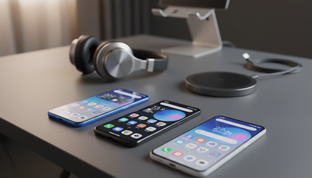 A modern and sleek smartphone display showcasing various models of Redmi phones, prominently featuring bright screens that illustrate the HyperOS interface. In the foreground, focus on three distinct Redmi phones, each highlighting a different color and design, with vibrant app icons visible on their screens. In the middle, include a stylish tech workspace with a subtle backdrop of blurred, high-tech accessories like headphones and chargers, enhancing the device-centric theme. Soft ambient lighting should create a warm, inviting atmosphere while emphasizing the phones' sleek designs. The angle should be slightly tilted for a dynamic perspective, capturing the essence of cutting-edge technology in a professional setting. No text or watermarks should be included.